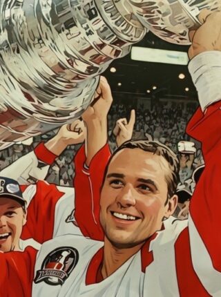 Steve Yzerman raising the Stanley Cup trophy