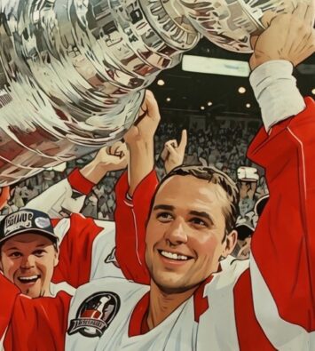 Steve Yzerman raising the Stanley Cup trophy