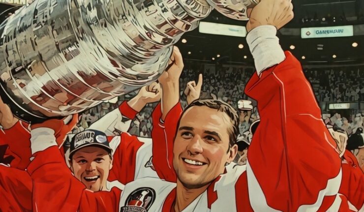 Steve Yzerman raising the Stanley Cup trophy